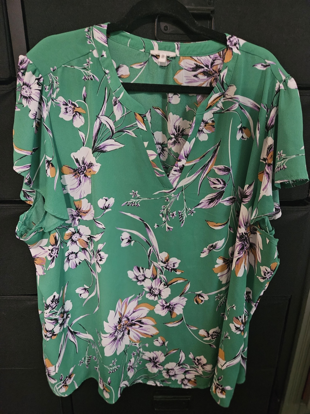 Maurices Green Floral V-Neck Blouse with Purple & Yellow Accents